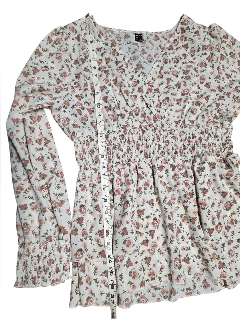 Smocked-Waist Blouse with Pink Rose Print XL